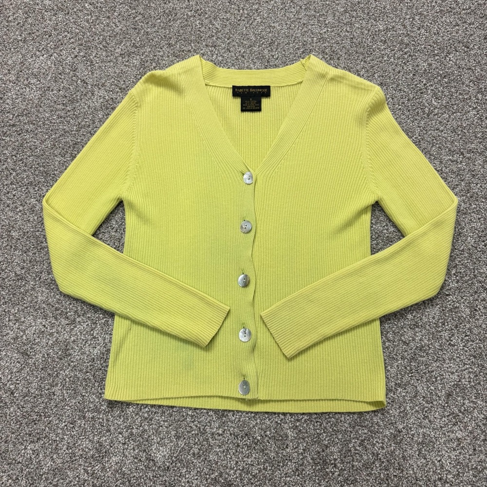 Babette Ballinger Cardigan Sweater Womens S Yellow Ribbed V Neck Button Knit